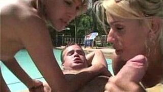 Pool boy plus two hot tranny having fun - porn video